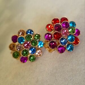 Gold with Multi Color Crystal Stones Clip On Earrings
